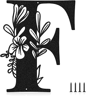 Metall-Buchstabenschild, schwarze Buchstabe, Wanddekoration, moderne Adressnummern, Buchstaben für Hausdekoration, florales Metallschild, Wandkunst für Hausnummern, Hochzeit, Einweihungsgeschenk (F)