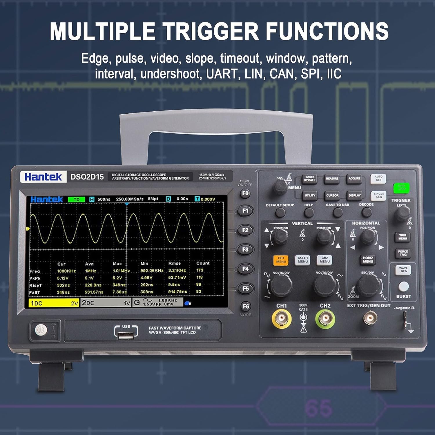 Hantek DSO2D15 with multiple trigger functions highlighted