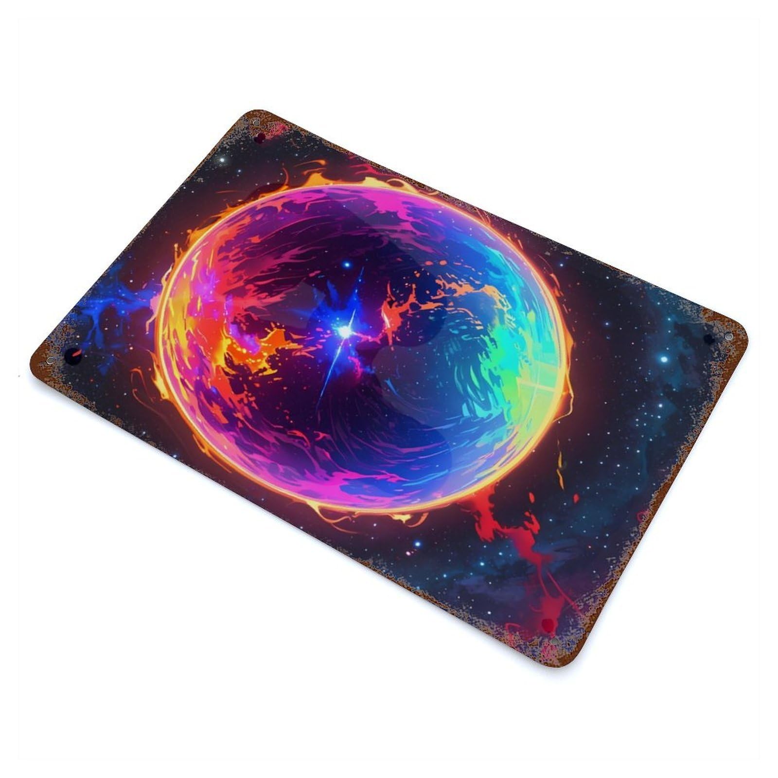 Aged Metal Wall Plaque with Rainbow Planet in Space Design 11.8"x7.9", for Farmhouse, Kitchen And Entryway Decor, Old School Wall Decor