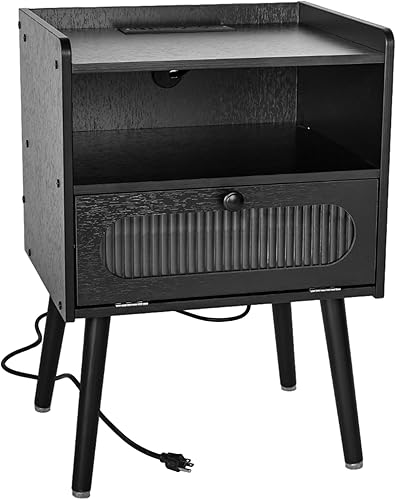 Mesita de noche moderna de mediados de siglo con estación de carga, mesitas de noche con puerta decorativa de cristal, mesa auxiliar con espacio de