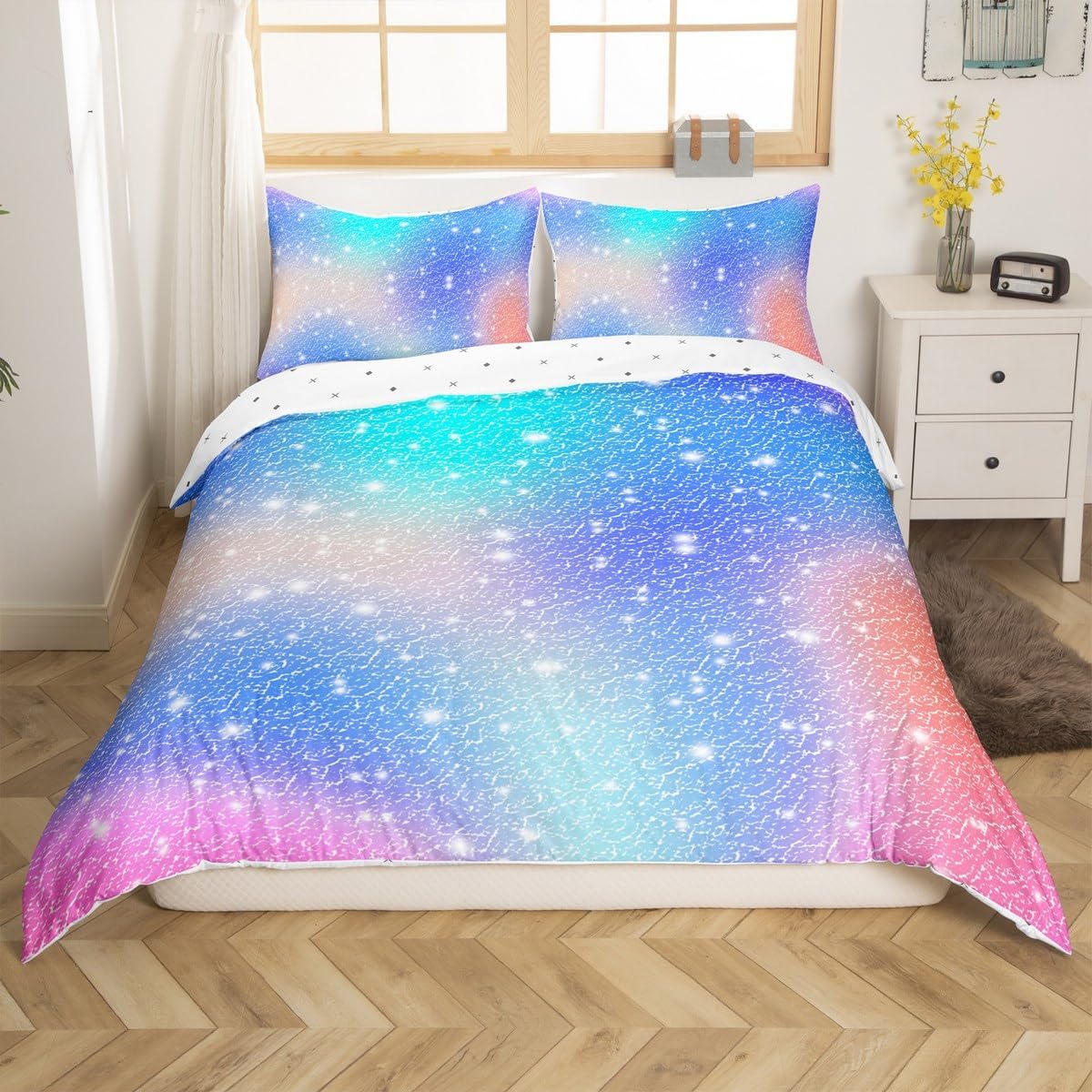 Erosebridal Pink Bowknot Duvet Cover Toddler for Kids Girls,Rainbow Bedding Set,Romantic Bed Sets,Princess Striped Reversible Quilt Cover with 1 Pillowcase Ultra Soft