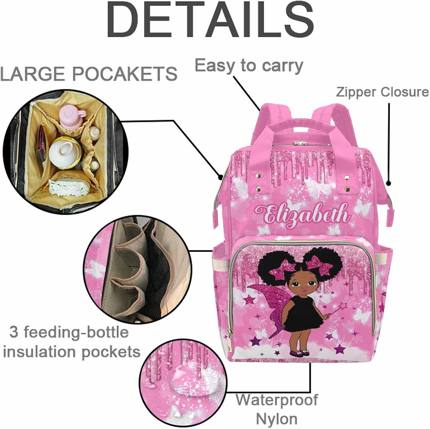 M YESCUSTOM Custom Name Mommy Backpack Personalized Butterfly Diaper Bag Customized Casual Daypack Bag Unisex Travel for Mom Dad Pink