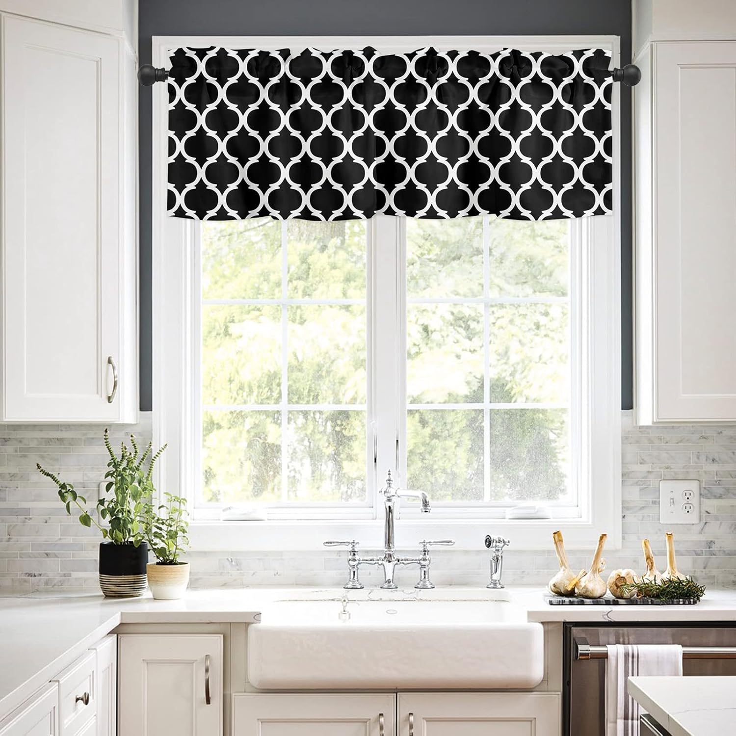 3 Pieces Kitchen Curtains & Valances Set, Moroccan Geometric Pattern, Short Curtain Rod Pocket Window Curtain, Black White, Window Treatment Tiers Valances (Single Panel 54"x18",2 Tiers 27.5"x24")