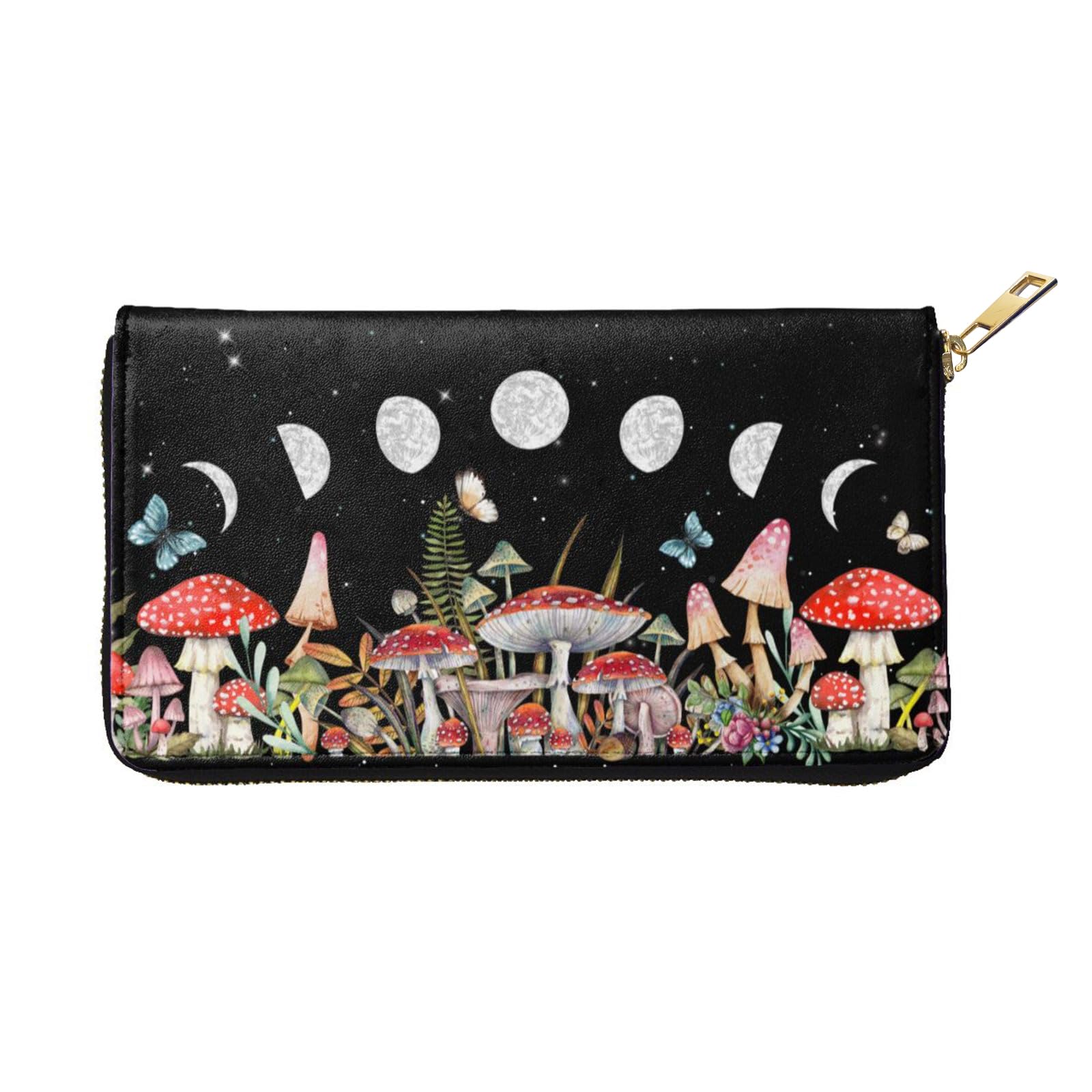 Mushroom Wallet Slim Thin Leather Purse Wallet With Zip Around Clutch Casual Handbag For Phone Key Credit Cards