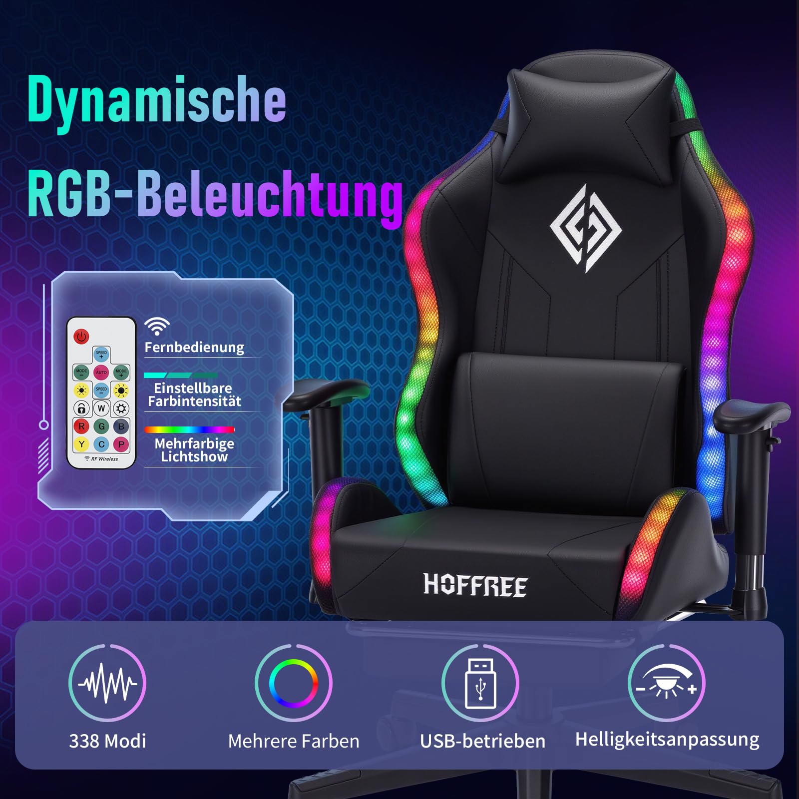 LED Gaming Stuhl für Kinder 155° Computer Stuhl mit RGB Lichter-Schwarz | Liegestühle mit Fußbrett;Ergonomischer Gaming Sessel für Teenager 6-15;PC Gamer Stuhl mit Lumbalstütze für Gaming und Lernen