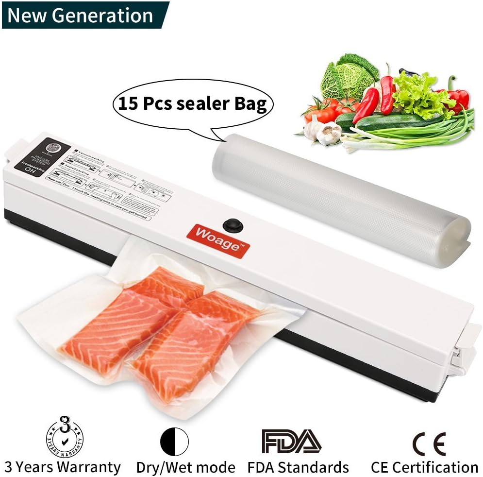 Woage Vacuum Sealer Machine, Automatic Mini Portable Air System for Food Save, Dry & Moist Food Preservation, Fresh and Storage Household Packing Sealer,with 15 pcs Sealer Bags.