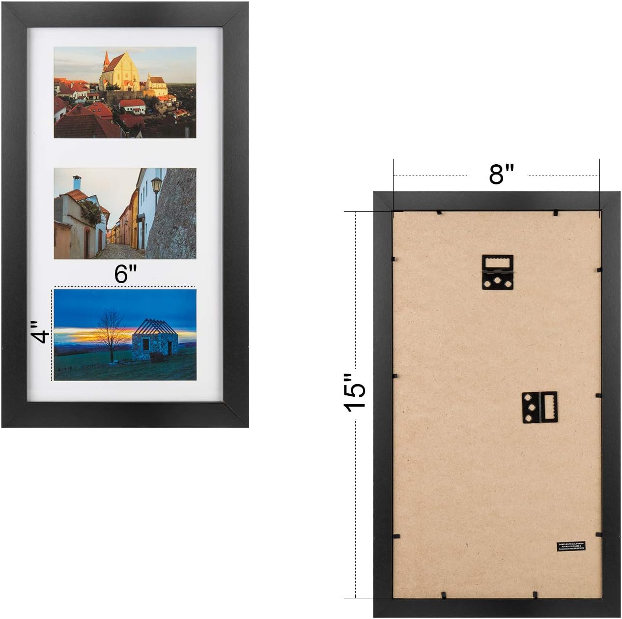 iDecorlife Premium 2 PC 8x15 Black Collage Picture Frame - Three 4x6 Openings Picture Frame with Mat - Wall Mounting Ready Real Wood Photo Frame Real Wood High Definition Glass