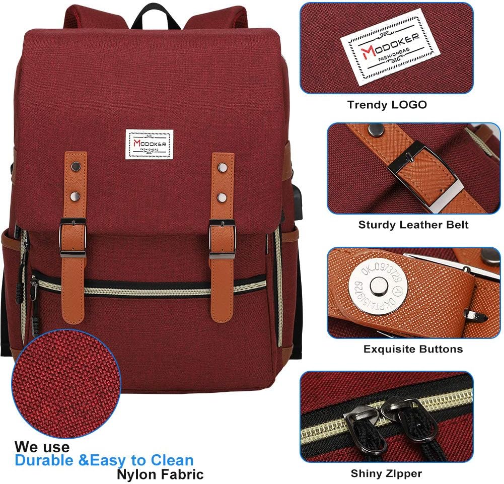 Exсluѕіvе Modoker Upgraded Vintage Laptop Backpack College Bag Gifts for Women Men, Slim Travel Backpack School Bookbag with USB Charging Port Casual Rucksack Daypack Fits 15 Inch Notebook, Red Amаzіng 🔥 Modoker Upgraded Vintage Laptop Backpack College Bag Gifts for Women Men, Slim Travel Backpack School Bookbag with USB Charging Port Casual Rucksack Daypack Fits 15 Inch Notebook, Red