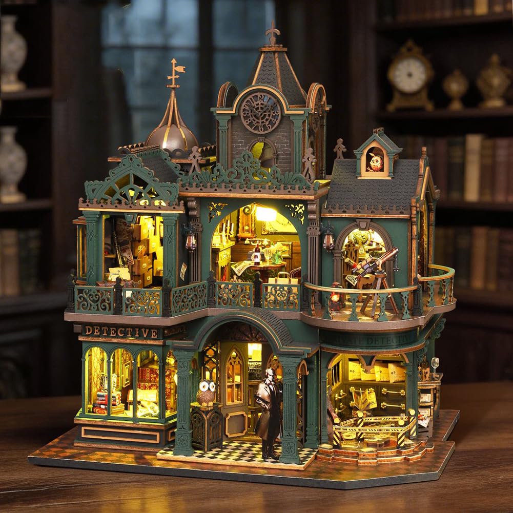 Kit de casa de muñecas de detective en miniatura, rompecabezas 3D de madera con luces LED, caja de música, estilo victoriano, idea creativa de habitación, el mejor regalo (con cubierta antipolvo)