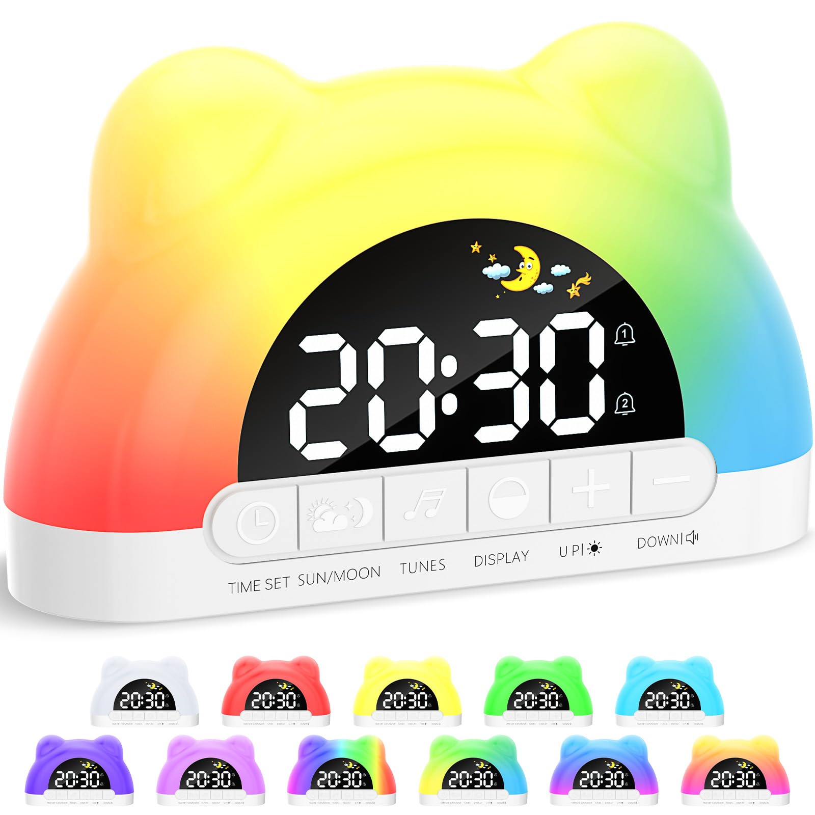 Sveglia Digitale Per Bambini Seutgjie - Con 8 Luci Notturne RGB E 18 Suonerie | Doppia Sveglia, Snooze, Ricaricabile | Bianco - Foto 7