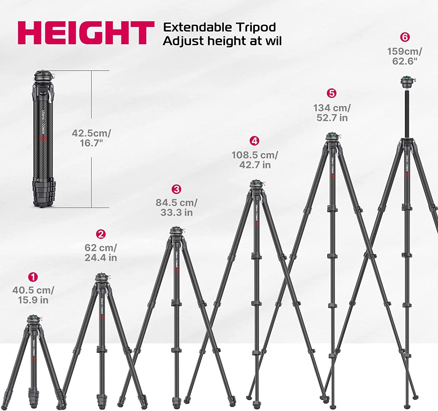 Ulanzi & COMAN Zero F38 Statyw podróżny z włókna węglowego Quick Release | Głowica obrotowa | Długość przechowywania 42 cm | Wysokość 15,3-159 cm | Ładowność 18 kg | + kolumna środkowa