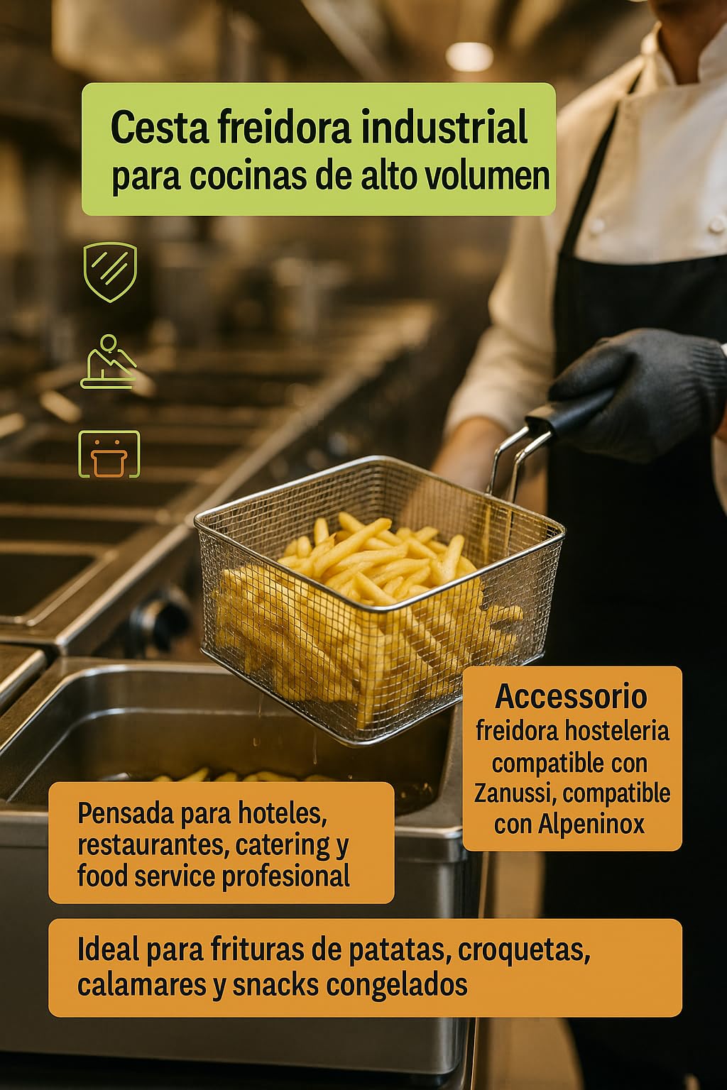 CubetasGastronorm ® Cesta freidora 270x260x120mm recambio industrial compatible con Zanussi Electrolux Alpeninox acero inoxidable para freidora electrica profesional hosteleria cocina uso diario