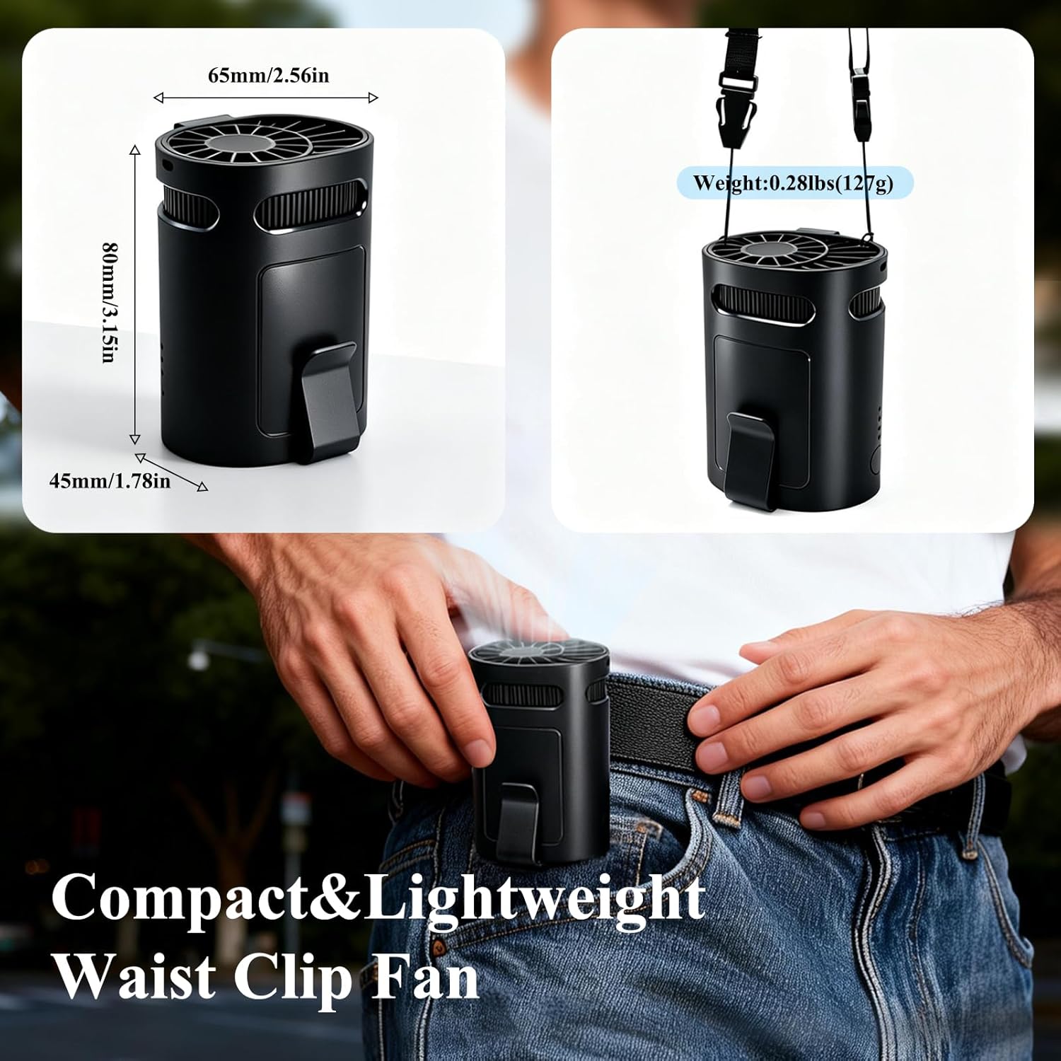 Rechargeable Portable Fan,4-Speed 13000 RPM,Strong Airflow,Waist Fan/Hanging Neck Fan/Mini and Lightweight,10H Daily Use,Suitable for Hiking/Fishing/Outdoor Work/Sports