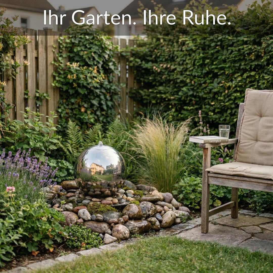 Kugelbrunnen aus Edelstahl D: 30 cm – Edelstahlkugel glänzend für Gartenbrunnen, Wasserspiel Garten, 30 mm Lochbohrung, 1/2 Zoll Schlauchanschluss, Edelstahlbrunnen für DIY Brunnenanlagen