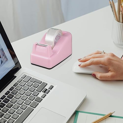 Miniatura 7 de Dispensador de cinta adhesiva para escritorio rosa con base antideslizante con peso - Incluye 6 rollos de cinta adhesiva transparente (0.71 pulgadas