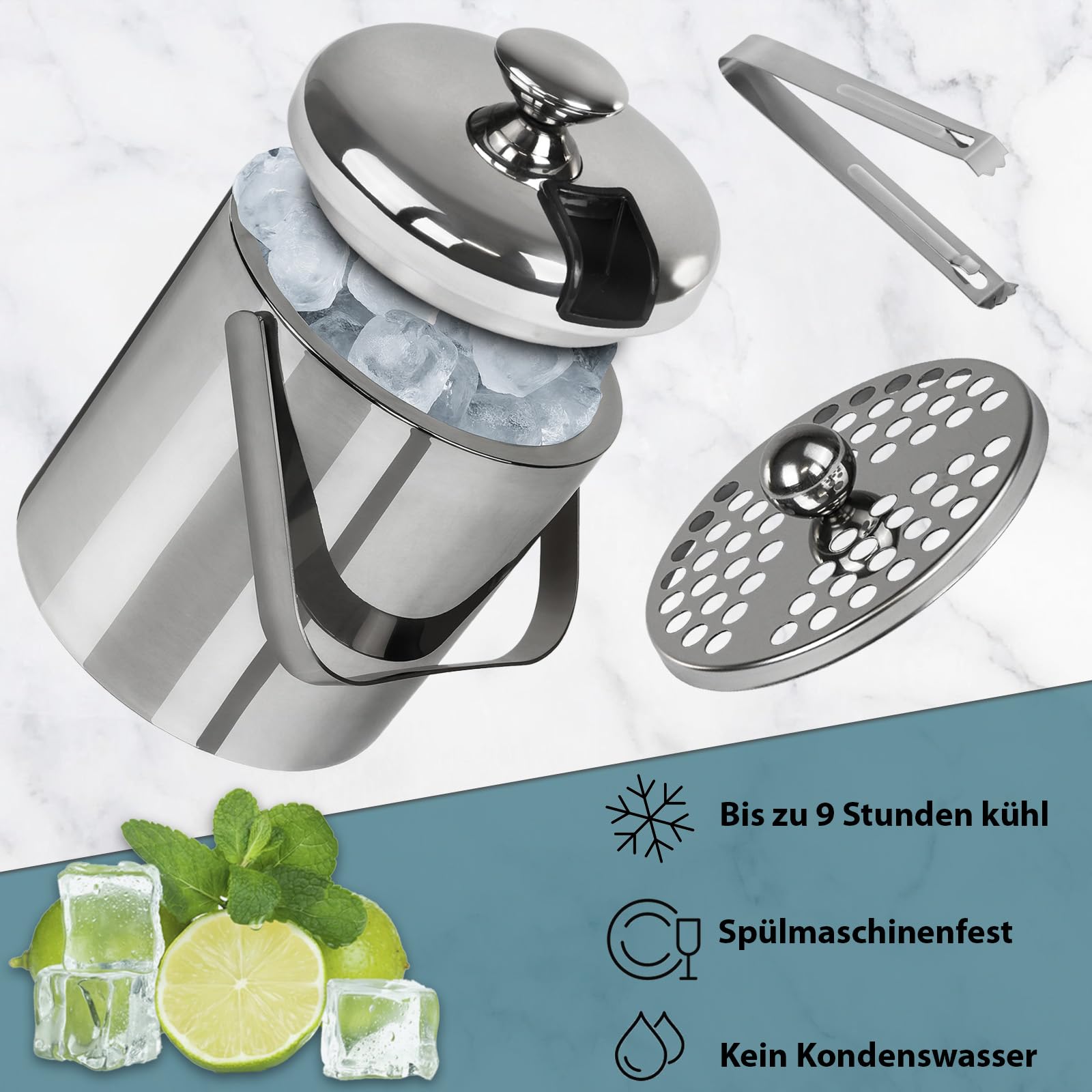 Montafox Edelstahl Eiswürfelbehälter 1,3 Liter Doppelwandig Eiswürfelkühler 100% BPA frei Eiseimer Eiswürfel Aufbewahrung Eiskübel Isoliert
