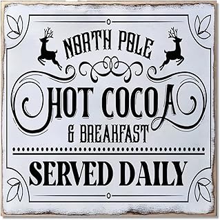 North Pole Hot Cocoa & Breakfast Served Daily Rustic Farmhouse Style Hanging Welcome Wooden for Party Supplies Christmas Decorations Shipped from US 12 x 12 inches