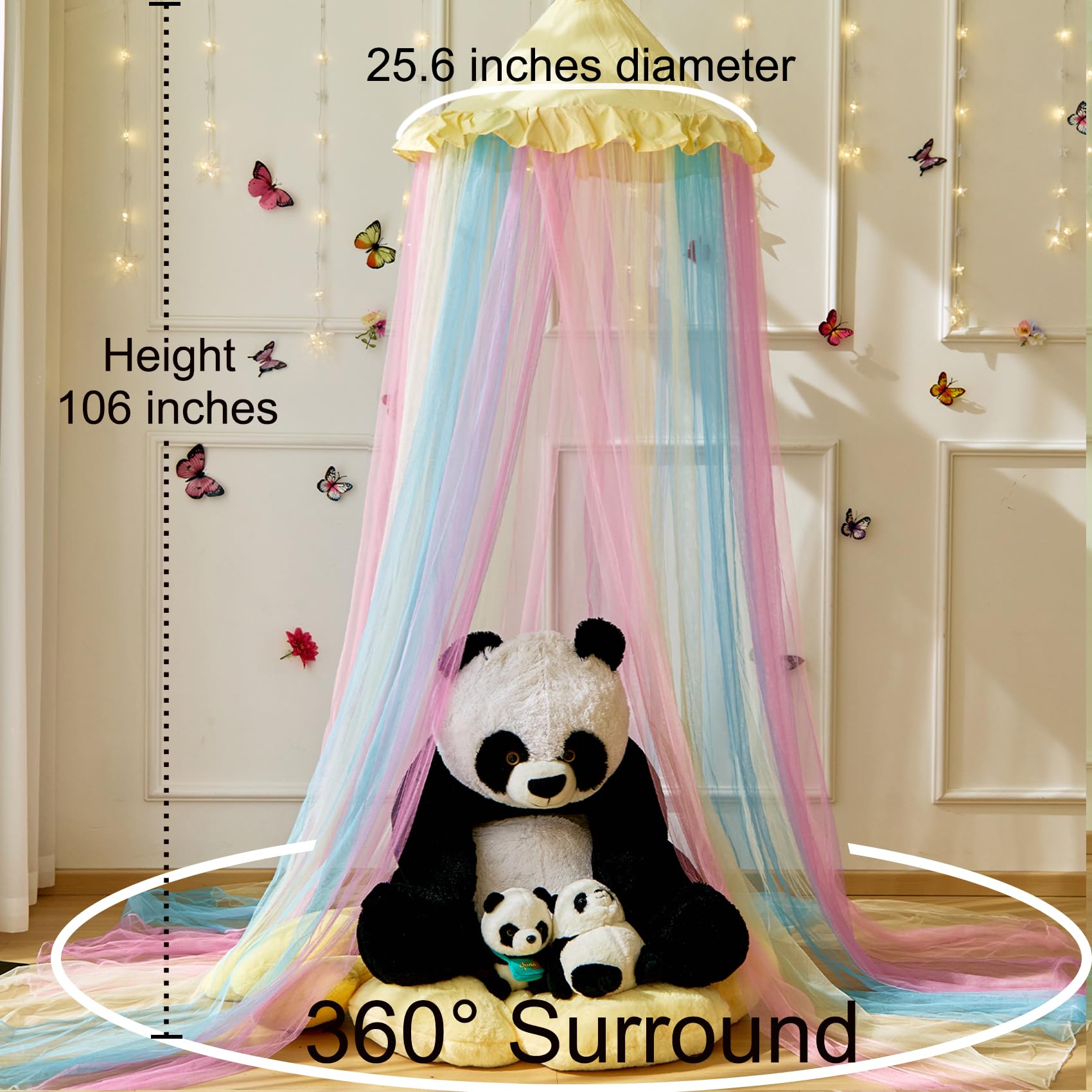 Wnqou Rainbow Bed Canopy for Girls,X-Large Princess Canopy Hanging Netting Bedroom Decor for Girls Mosquito Net for Baby Crib Twin to King Size Bed (Yellow Rainbow) - Image 2