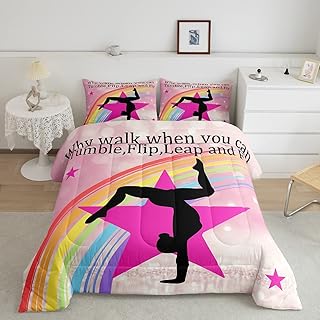Gymnastics Dance Lovers Comforter Set Twin,Watercolor Rainbow Star Bedding Set 2pcs for Kids Teens Adults Room Decor,Beauty Silhouette Duvet Insert Pinks Glitter Quilted Duvet with 1 Pillowcase