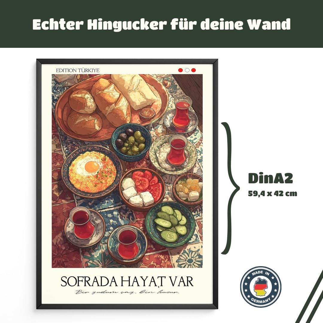 MJ-GRAPHICS® Poster Frühstück Wandbild türkei Farbenfrohes Kunstdruck traditionell Deko lebendig Küche orientalischer Stil Bild Frühstückstisch maximiere Genuss A2 mit weißem Rahmen