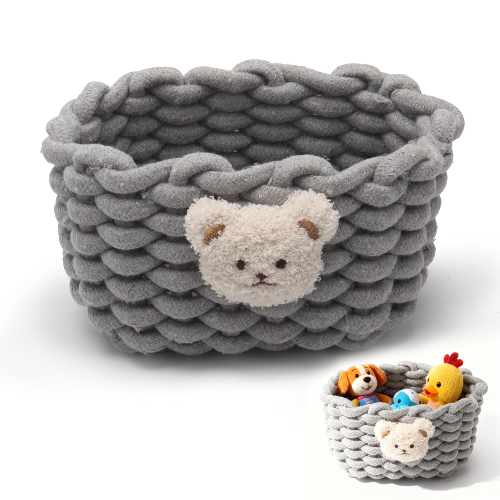 Woven Cotton Wicker Storage Basket with Bear Motif, White - Bathroom Organizer for Desk, Makeup Table, Cabinets, Bath, Kitchen (Grey)