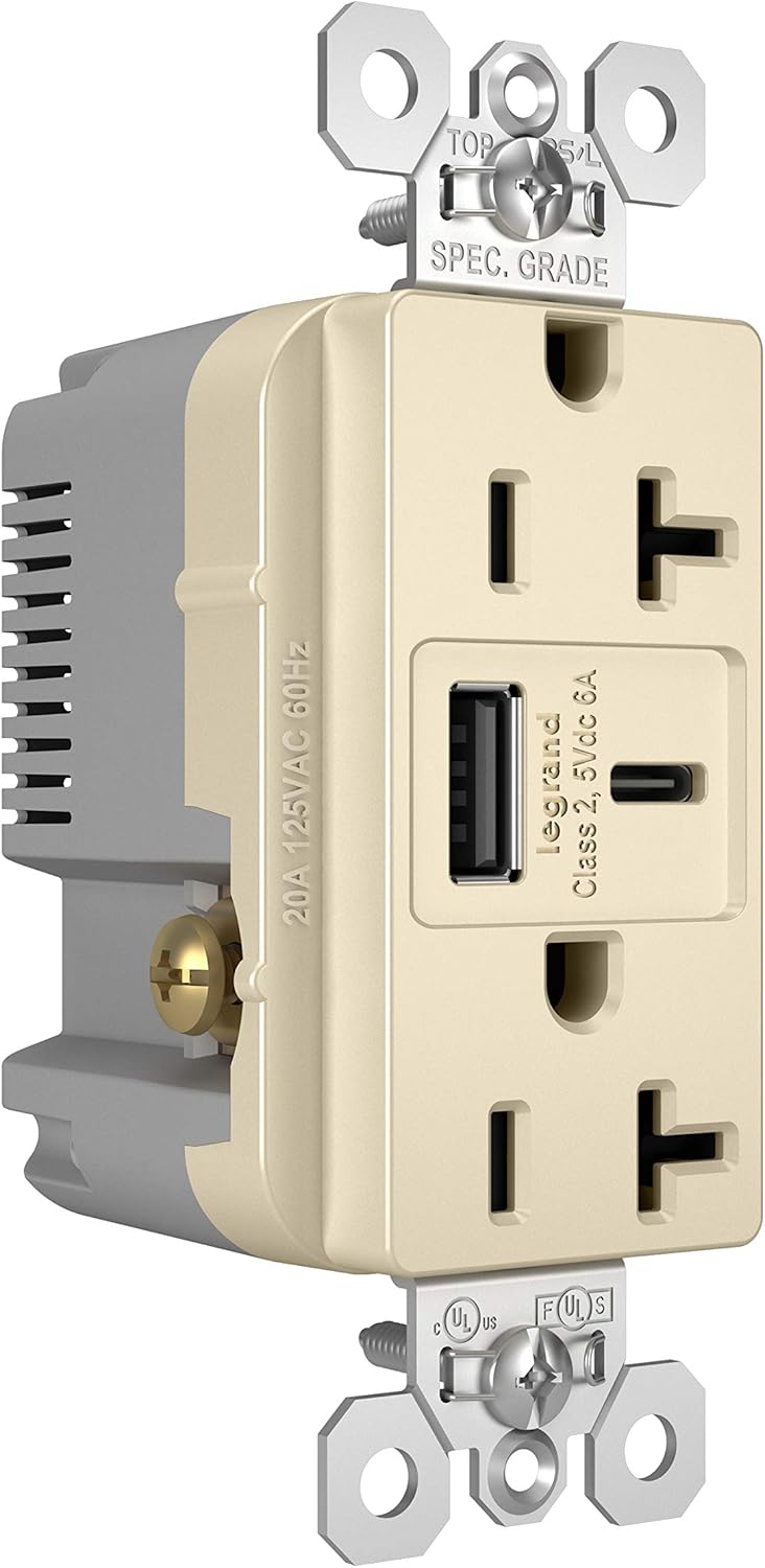 Legrand Pass & Seymour TR20USBAC6LA 20 Amp Tamper-Resistant Heavy-Duty Specification Grade Decorator Duplex Receptacle Outlet with Ultra Fast USB A/C 6.0A Charging Ports, Light Almond (1 Count)