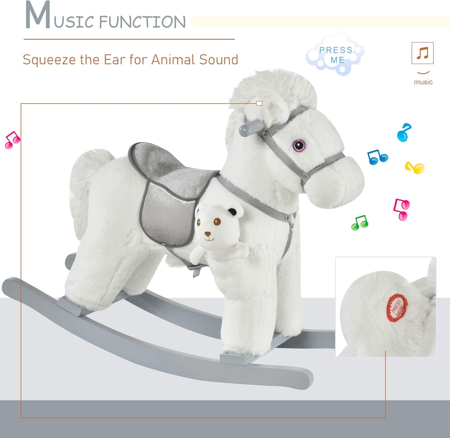 Qaba Kids Rocking Horse with Bear Toy, Plush Animal Rocker with Fun Realistic Sounds for Toddler 18-36 Months, White