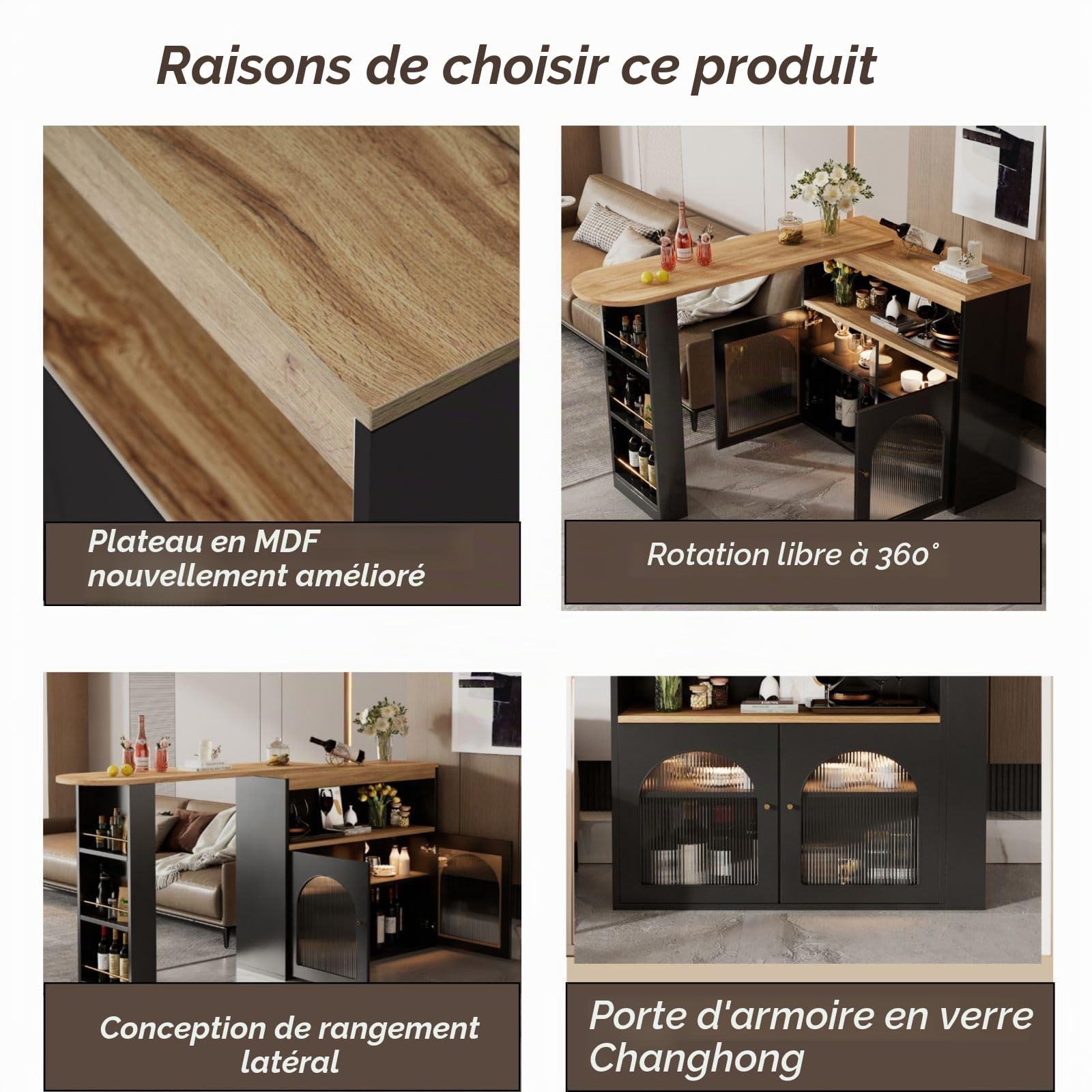 Sweiko Bar télescopique Table Moderne, Table de Salle à Manger télescopique avec Espace de Rangement, pivotante,Meuble de Rangement pour la Salle à Manger (Black)