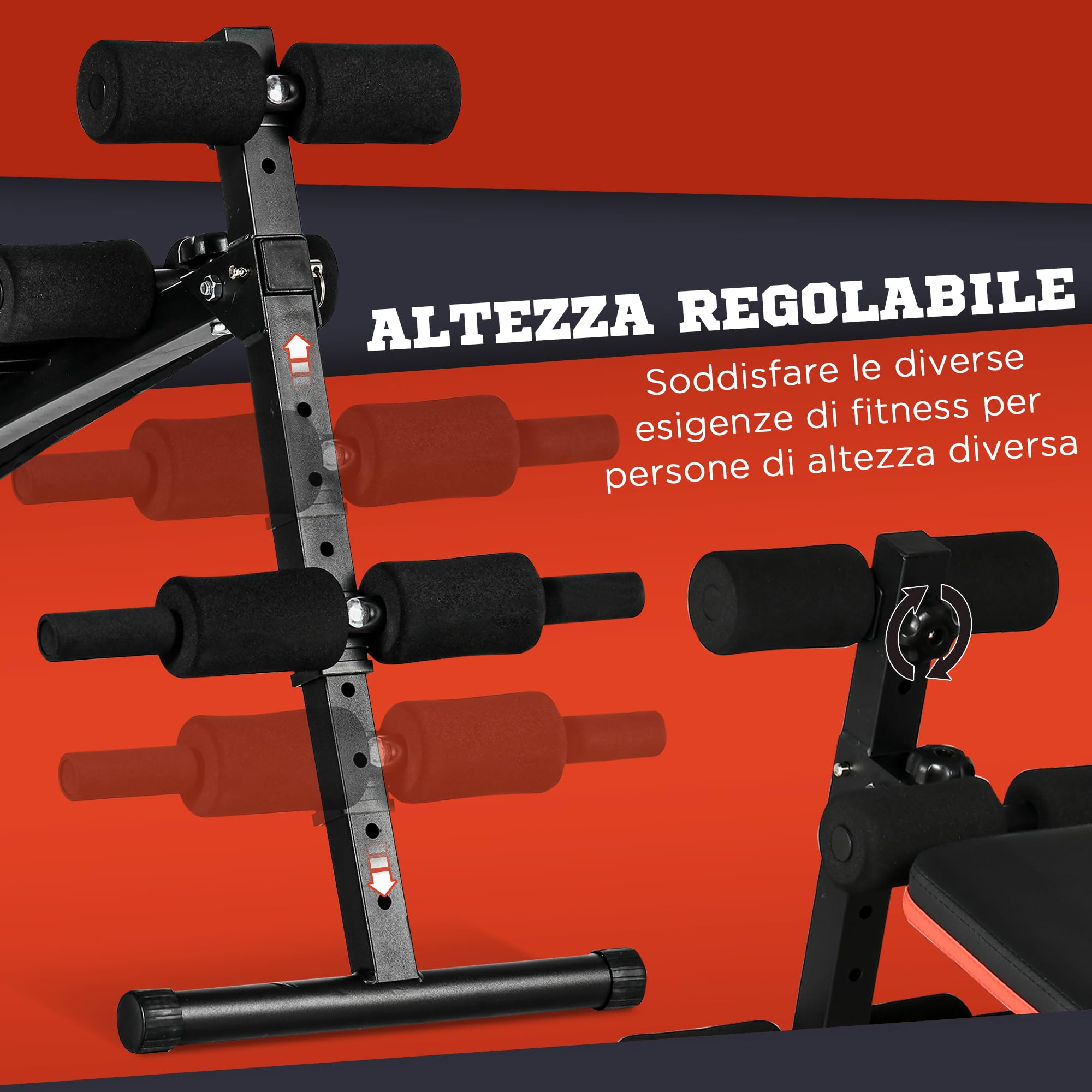 HOMCOM Panca per Addominali Pieghevole e Regolabile, Panca Pesi da Palestra Multifunzione con Schienale Imbottito, 47x139x51-69cm, Nero e Rosso