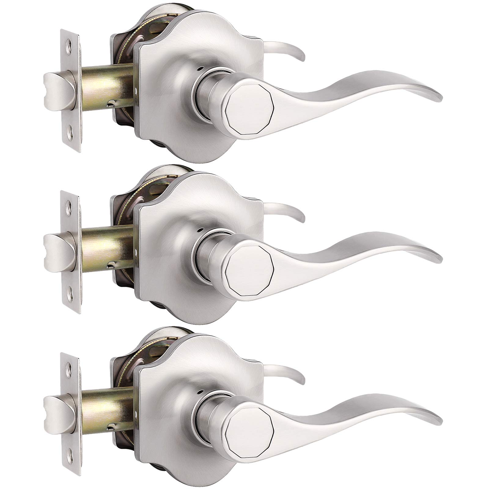 knobelite 3 Pack Camelot Trim Hall and Closet Lever Passage Door Lever, Keyless Door Lock for Right/Left Handed Reversible Interior Door Handle with Wave Style in Satin Nickel