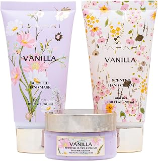 Tahari Vanilla Hand Care Gift Set – Travel-Friendly Spa Essentials with Hand Cream, Hand Mask & Cuticle Scrub – Perfect Hand Cream Gift Set for Women