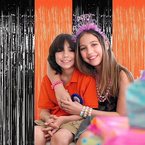 Miniatura 3 de Cortina de flecos de aluminio negro y naranja, 4 cortinas de oropel de 3.28 pies x 8.2 pies, telón de fondo para cabina de fotos, telón de fondo