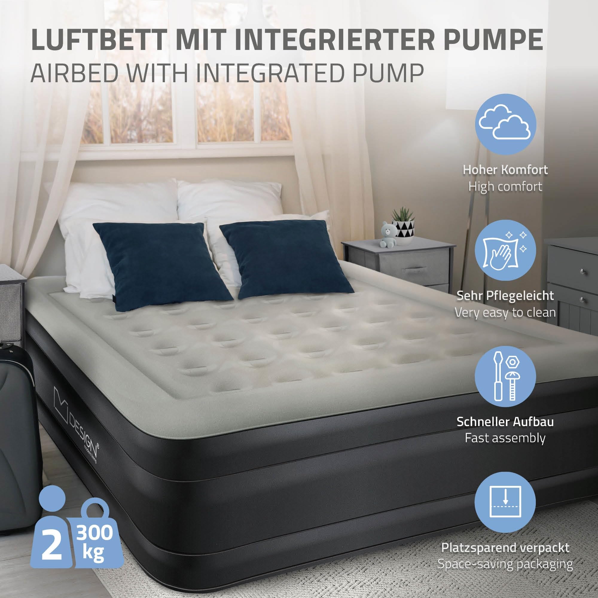 ML-Design Luftmatratze 2 Personen 203x157x47 cm Grau, TÜV Zertifiziert, Luftbett selbstaufblasend mit elektrischer Luftpumpe 230V, Aufblasbare Matratze für Camping, Gästebett Doppelbett + Tragebeutel