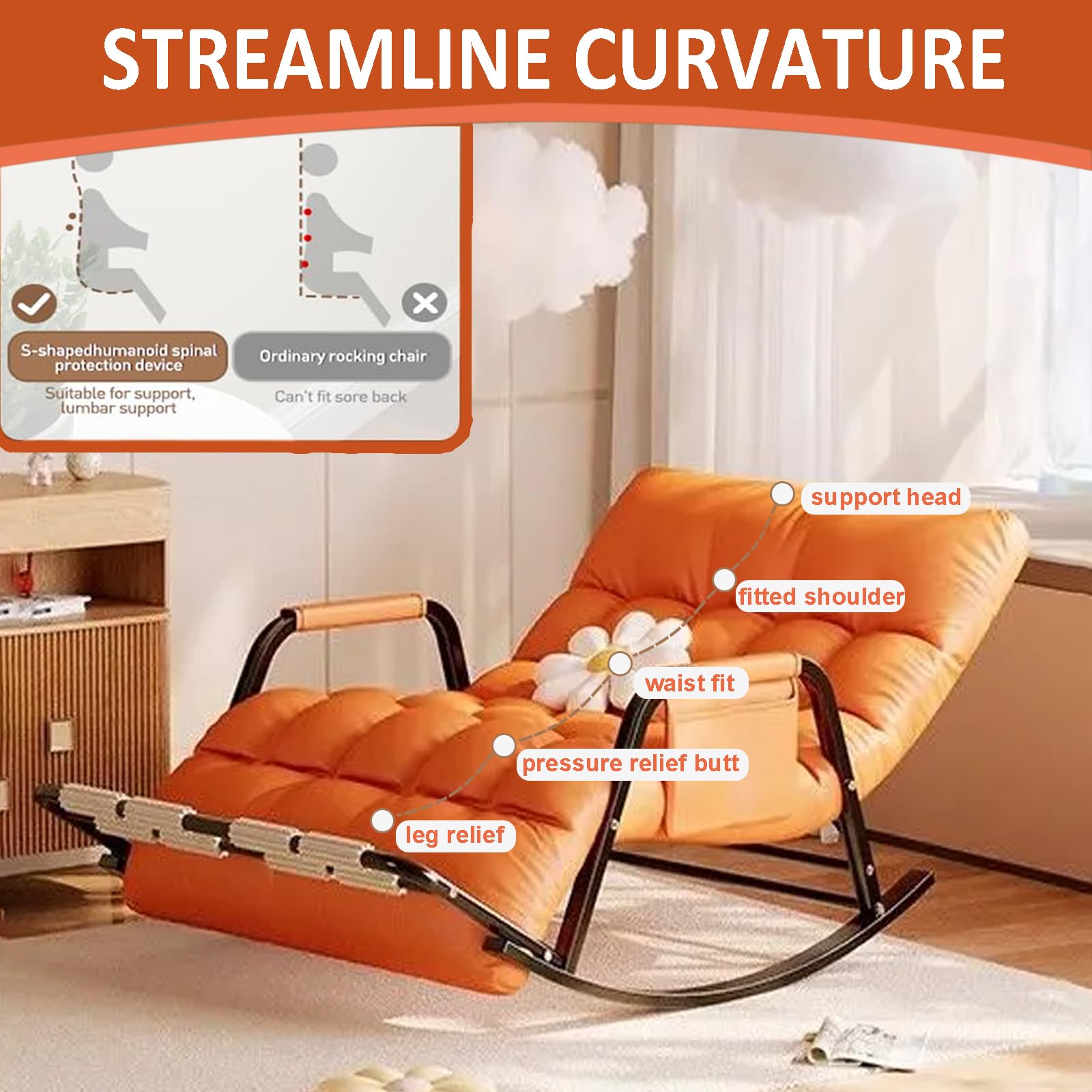 Rocking Chair, Dossier et Pied réglable, Tissu Résistant aux Griffes, Cadre en Acier Carbone, pour Intérieur et Extérieur, Gris & Orange, 93x111x50 cm, Charge Maximale 250 kg(Color:Gris)