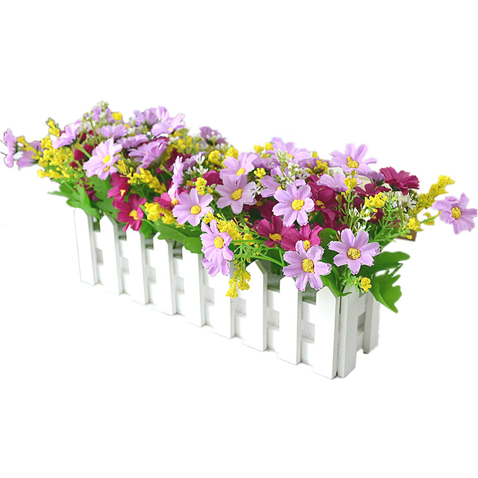 Marooma Purple Artificial Flowers In Picket Fence Pot - Fake Jumping Orchid Chrysanthemum Plants - Mini Potted Plant For Indoor Farmhouse Wedding Home Decor(Purple)