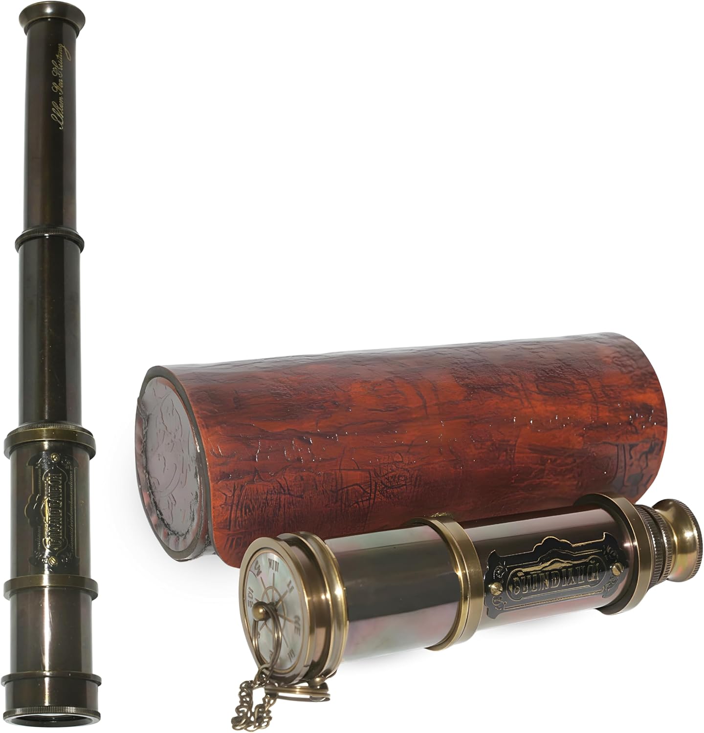 Antique Brass Spyglass Telescope with Leather Case, CUPRADO - Vintage Nautical Pirate Handheld Monocular for Decor & Gifting