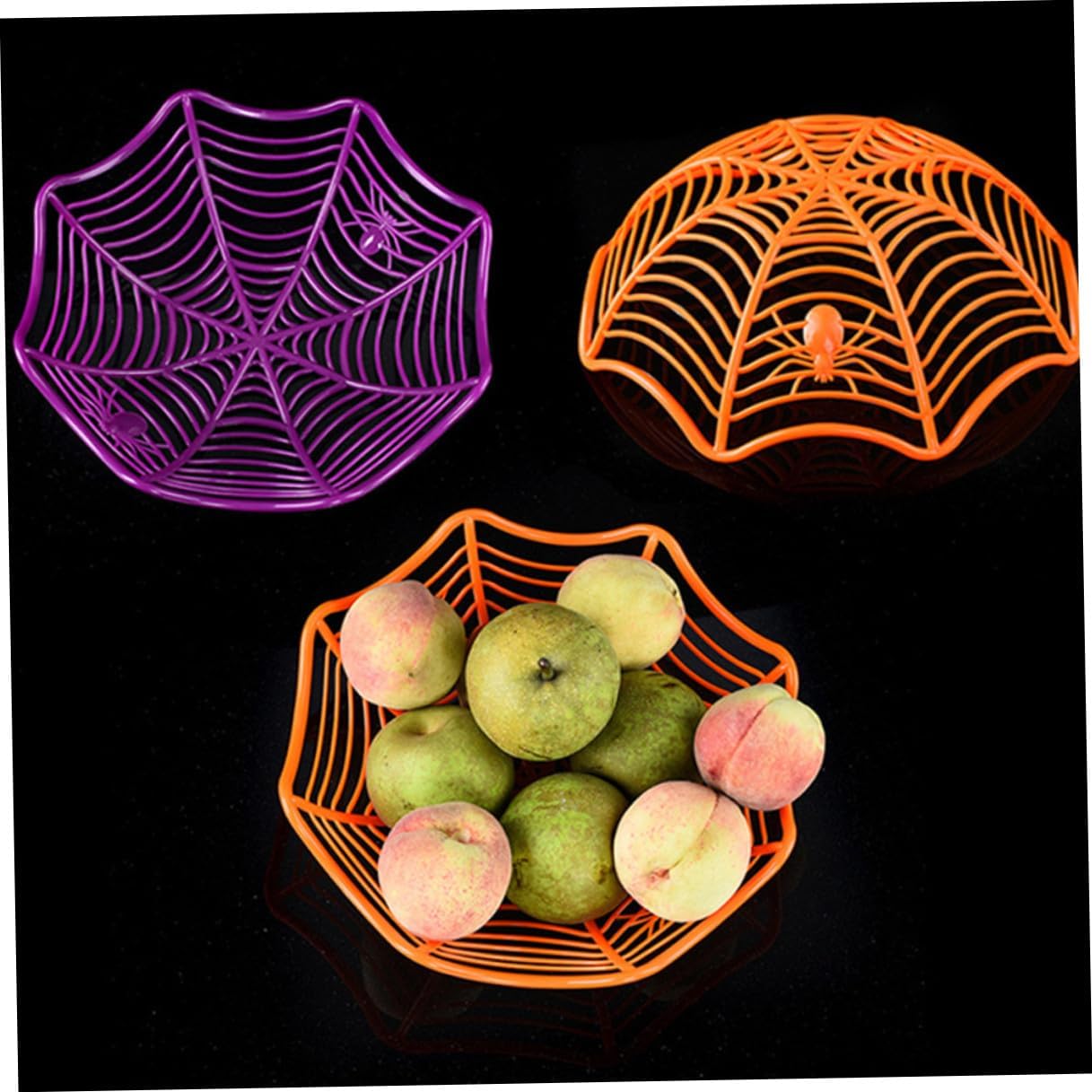 Yardwe Halloween Cobweb Candy Basket Set, 5pcs Plastic Fruit and Cookie Bowls in Black, Orange, and Purple, Halloween Party Candy Server for Festival Gathering Decor