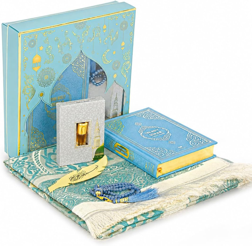 ihvan online Prayer Gift Set for Hajj and Umrah, Soft Thin Muslim Prayer Rug, Beads Taasbih, Holy Quran Translated English, Muslim Praying Mat, Islamic Gift Set for Ramadan & Eid, Blue