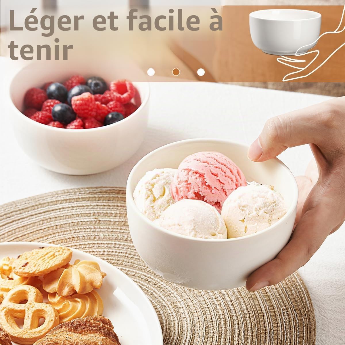 Jassceram Lot de 8 petits Bols à Céréales en Céramique de 350 ml pour Dessert, Crème glacée, Collation, Soupe, passent au Lave-vaisselle, au Micro-ondes et au Four, 11,4 cm, Blanc