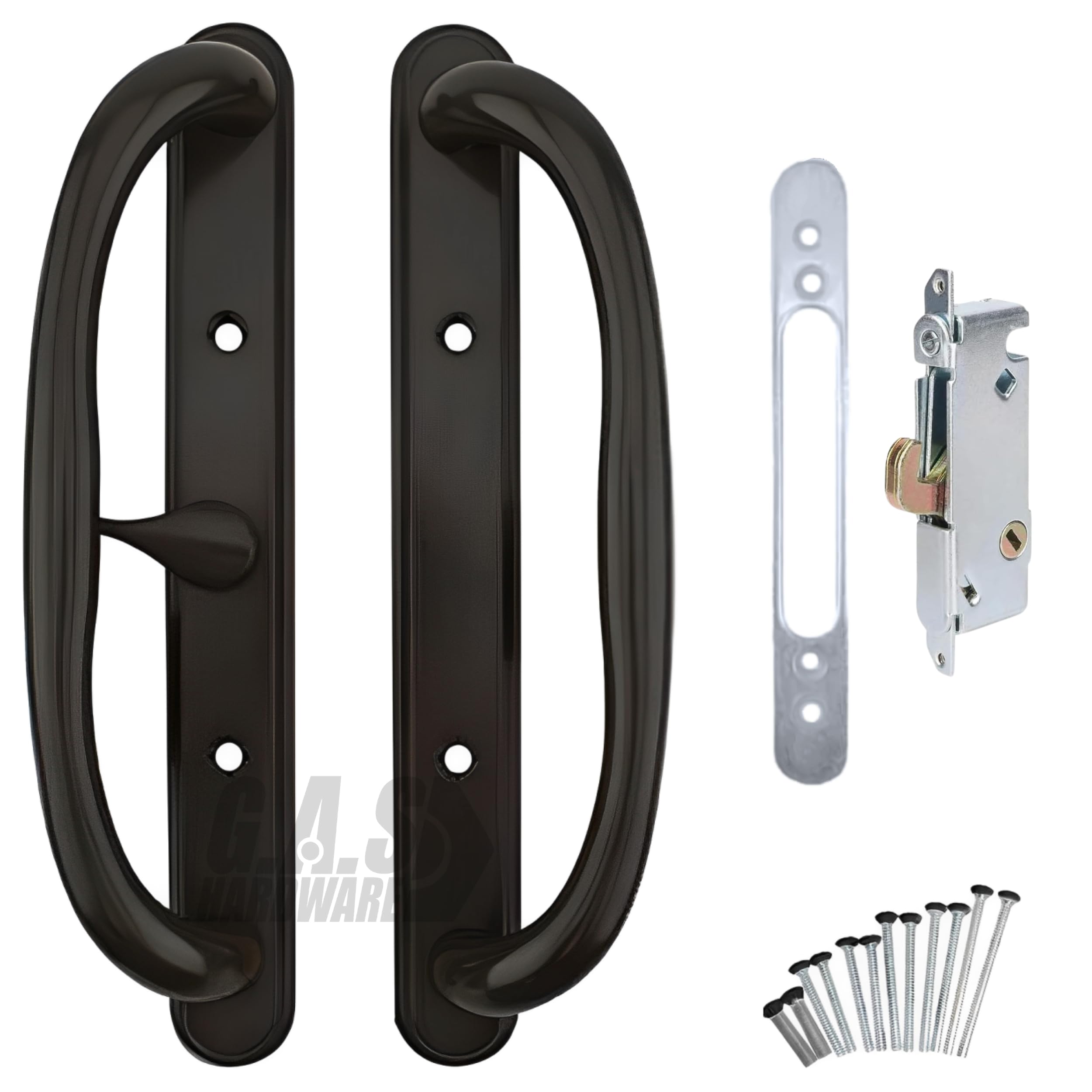- 10" Olympus Sliding Patio Glass Door Center Latch Black Pull Handle Set Replacement w/Mortise Lock - fits 3 ¹⁵/₁₆ inches Hole Spacing and 1-1/4" to 2-1/4" Door Thickness