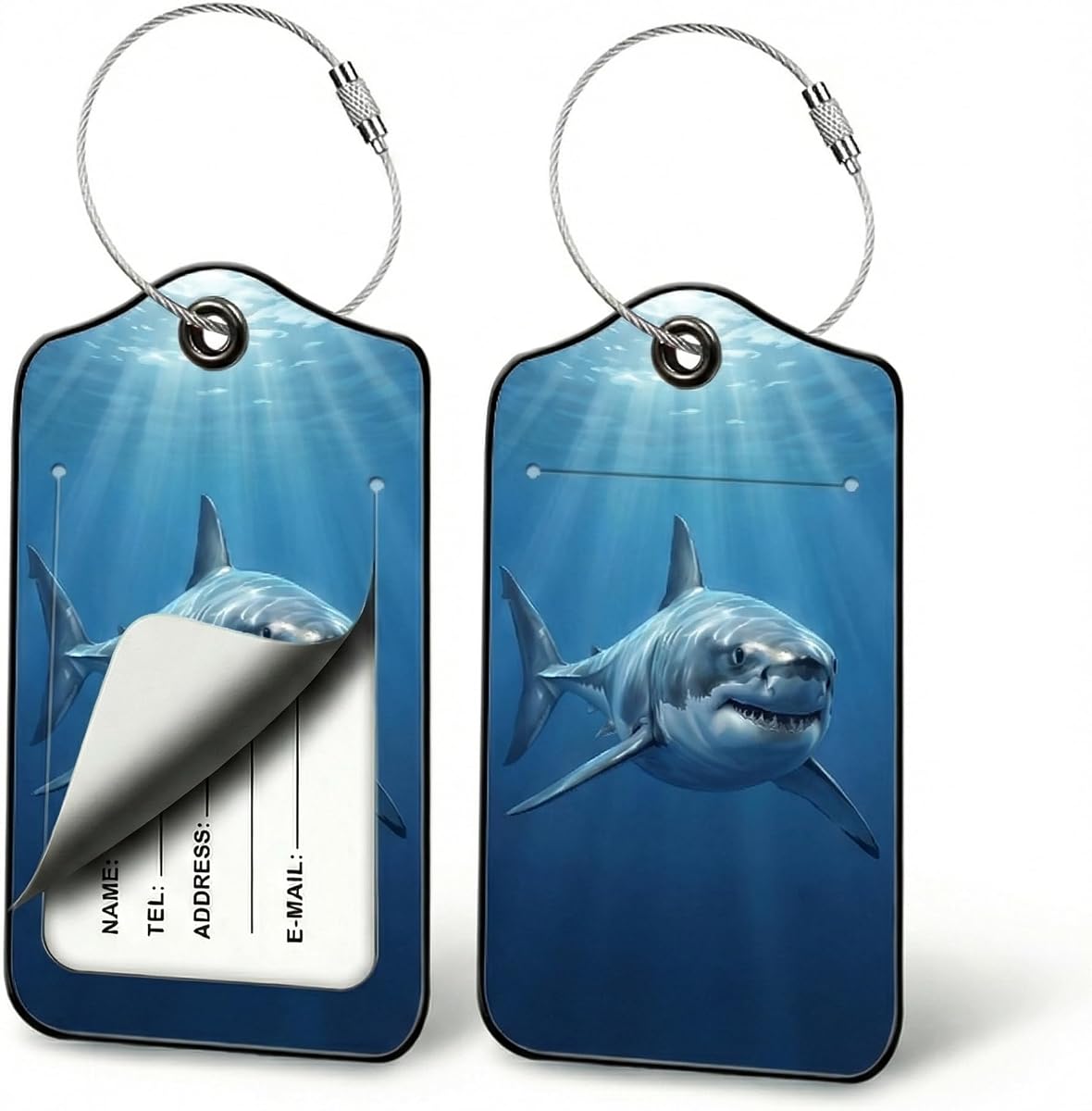 Cool Shark Luggage Tags for Suitcases, 2 Pack PU Leather Ocean Bag Tags | Privacy flap hides address card, steel wire loop fits surf totes, beach bags, swim bags, dive gear, boat days and shark fans