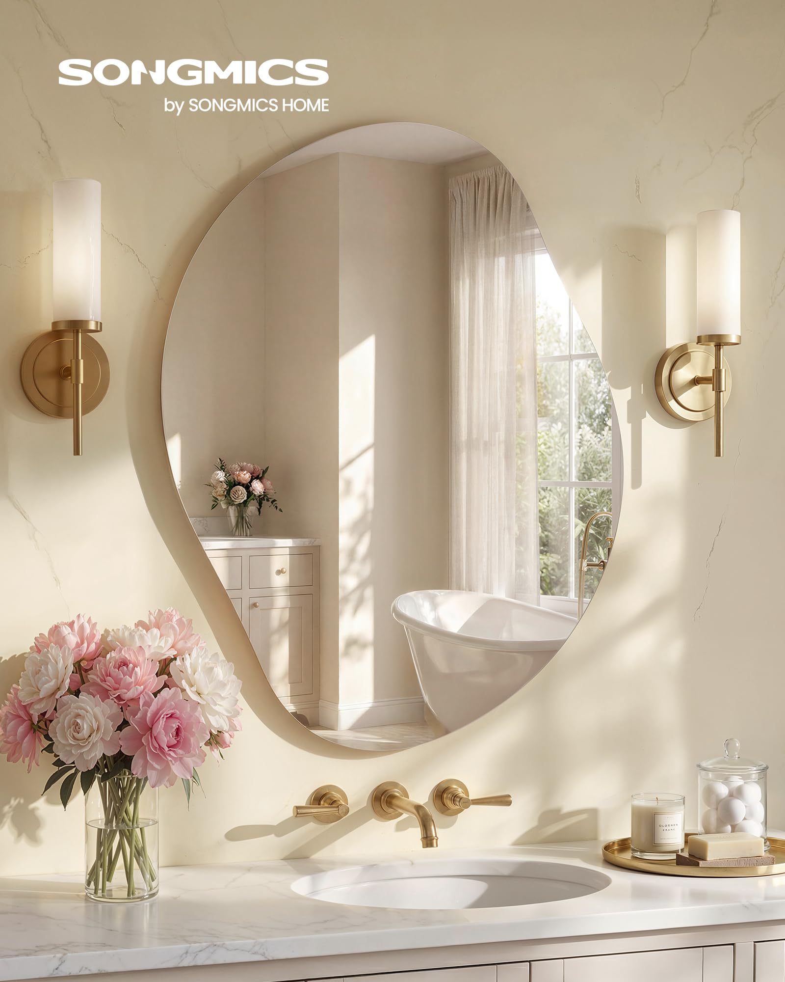 SONGMICS Asymmetrischer Spiegel, unregelmäßiger Wandspiegel, blütenblattförmiger Spiegel, 60 x 45 cm, dekorativ, Rahmenlos, für Eingangsbereich, Schlafzimmer, Badezimmer LWM020BD01 - 3