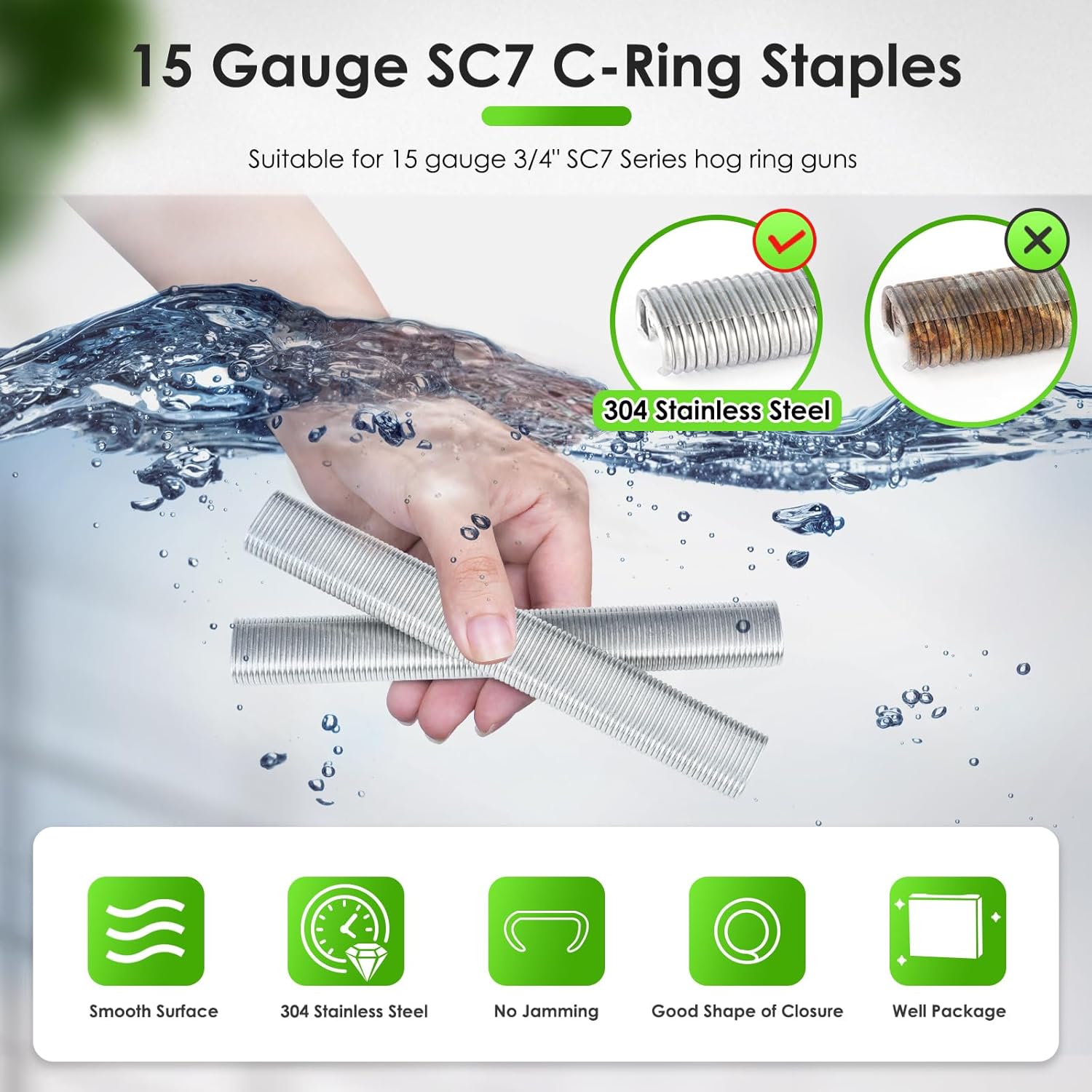 SC7 15 Gauge 3/4'' Crown 304 Stainless Steel C Ring Staples C-Rings Hog Rings in 304 Stainless Steel (10,000 PCS/Box)