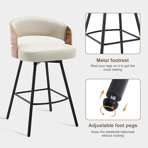 Miniatura 4 de Juego de 2 taburetes de bar giratorios de madera curvada de 26 pulgadas de altura de mostrador, taburetes de bar tapizados de piel sintética con