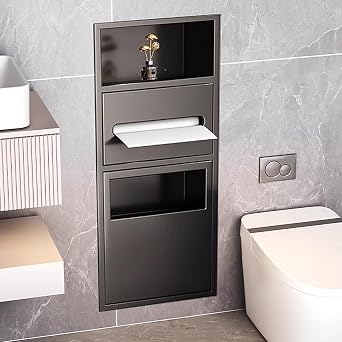 BABYCE Recessed Wall Storage Shelf, Bathroom Kitchen Hotel Trash Can Toilet Paper Holder Combo with Phone Shelf, Waterproof Stainless Steel Inset Shower NicheBlack