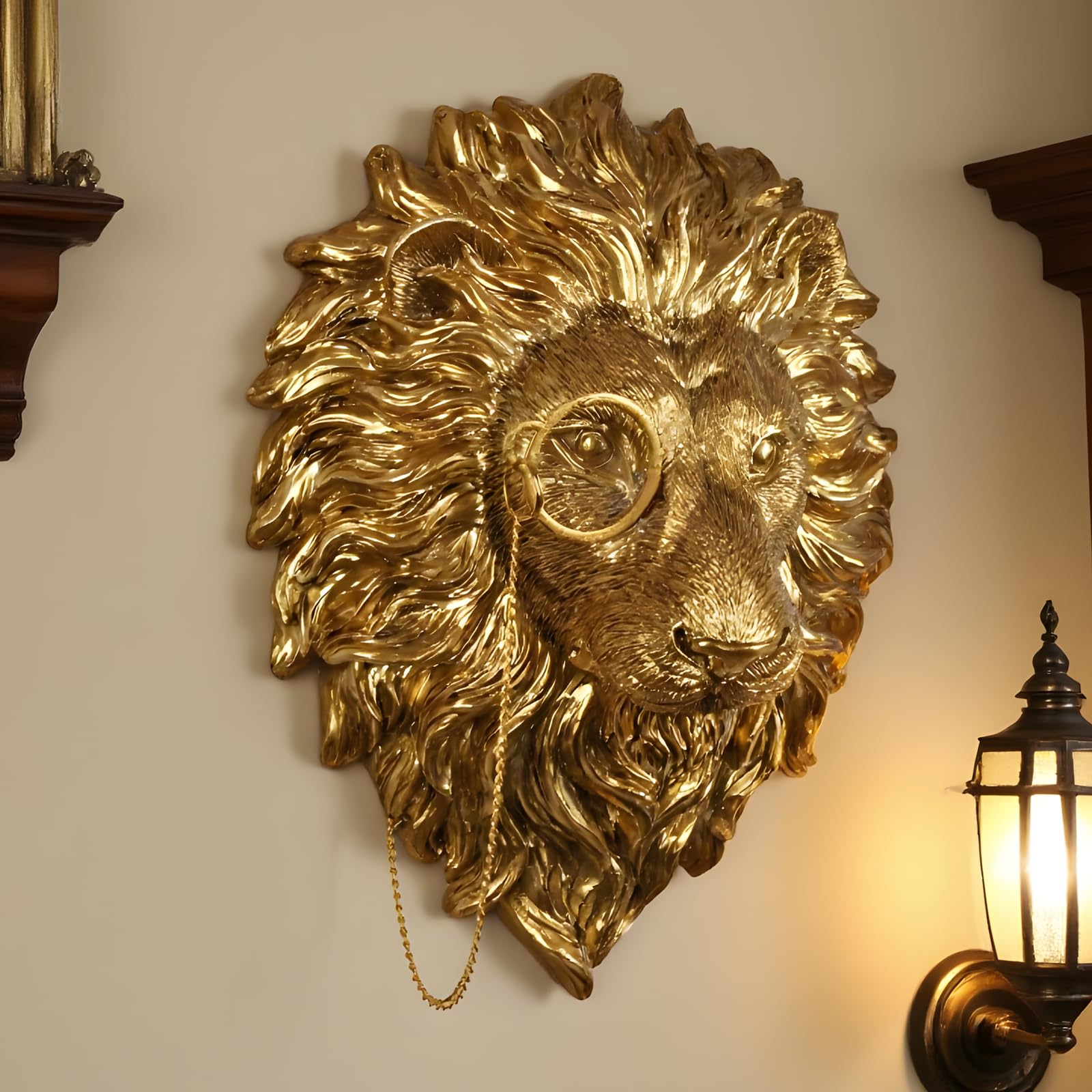 Dekoracyjna złota żyrafa wisząca sztuka z okularami nowoczesny park przyrody rzeźba głowy zwierzęcia metalowa teksturowane wykończenie (Art Deco, złoty lew, 14,5 cm x 11 cm x 29 cm)