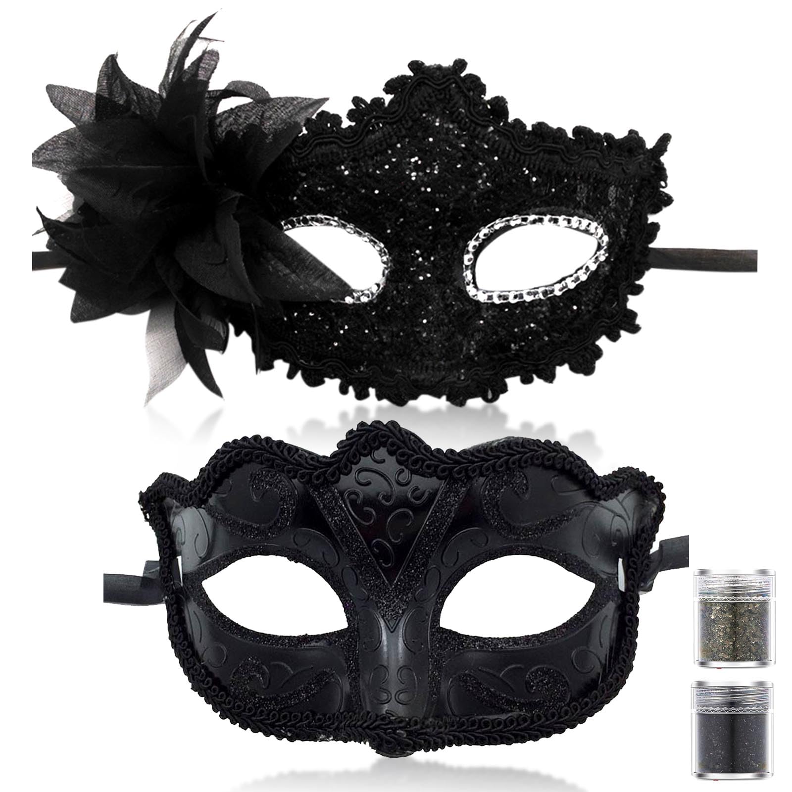 AYNKH 2PCS Couple Masquerade Masks with Face Glitters Cosmetics, Shiny Sequins Feather Lace Mask Venetian Party Carnival Halloween Costume for Men Women