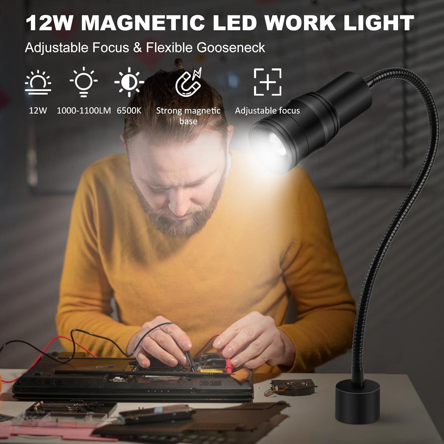 12W Magnetic Base LED Work Lamp With Adjustable Focus and Flexible Gooseneck - Task Light for Sewing Machine, Work Bench, Lathe, Bandsaw, Industrial Use