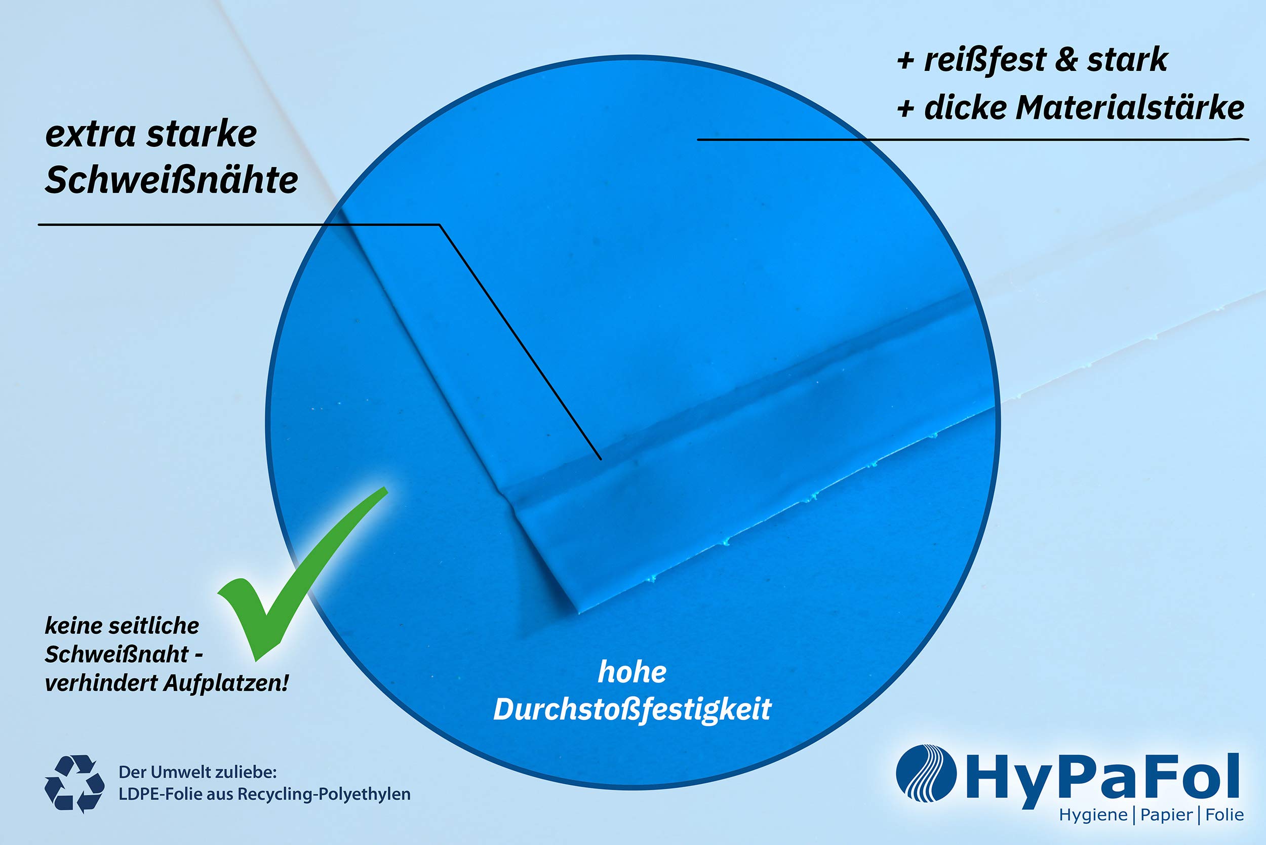 Hypafol Müllsäcke, 100 St. extra starke blaue Müllbeutel mit 120 Liter Fassungsvermögen, 700 x 1.100 mm, Typ 150 mit 100 my, extra reißfest, ideal für Gartenabfälle, Bauschlussreinigungen, 10er Pack