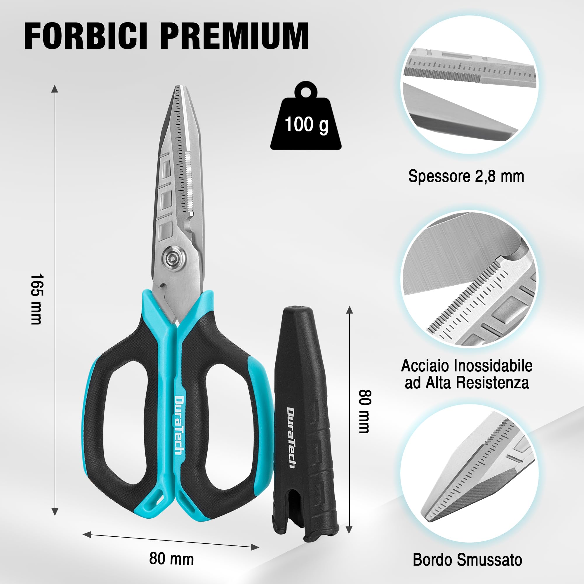 DURATECH Forbici Multifunzioni 4 in 1, Forbici Resistenti, Forbici in Acciaio Inox con Lama Curva e Seghettata, con Tronchese, Apriscatole e Cappuccio Protettivo, per Tessuto, Moquette, Pelle, Cartone